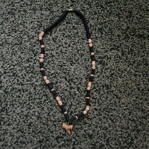 Navy Blue and Tan Beaded Necklace with Shark Tooth Pendant